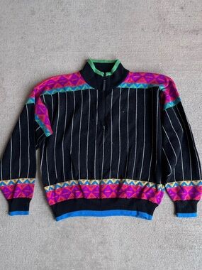 Vintage 80s 90s obermeyer wool argyle print multi color stripe sweater jumper